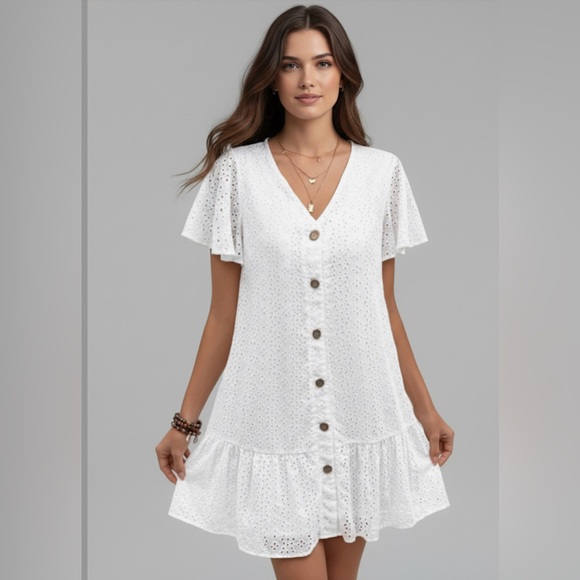 Dresses & Skirts - White Eyelet Embroidery Ruffle Hem Smock Dress